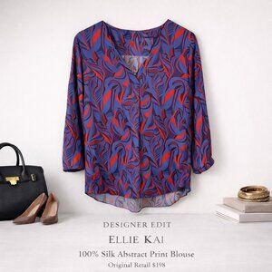 Ellie Kai 100% Silk Abstract Print Blouse Blue Red Size 0